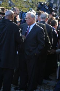 Tom Menino listening to unknown constituent at unveiling of the Kevin White statue at Quincy Market, Boston, Massachusetts, Nov 1, 2006 copyright © 2006, 2014  copyright © Amillia Publishing Company 2006
