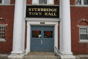 Sturbridge, Massachusetts town hall entrance decorated for the season.  Dec 22, 2006, Copyright 2010