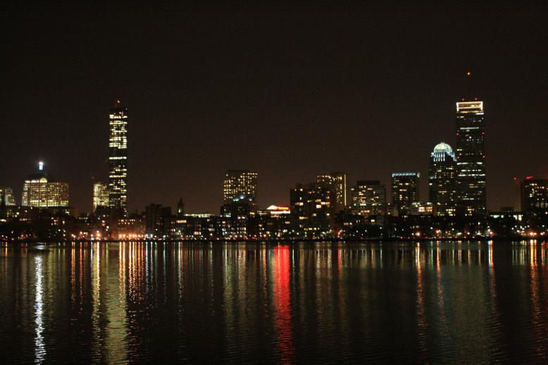 Boston shimmering at night.  View from the Charles in Cambridge at MIT.  This is at an easy spot to stop and photo.  