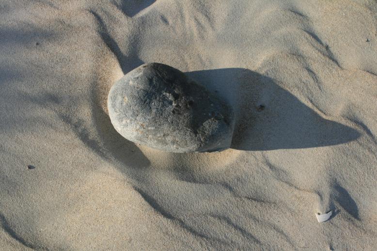 naturally sculpted stone in the late day sun on a beach.  Note the tiny bug to the left of the stone