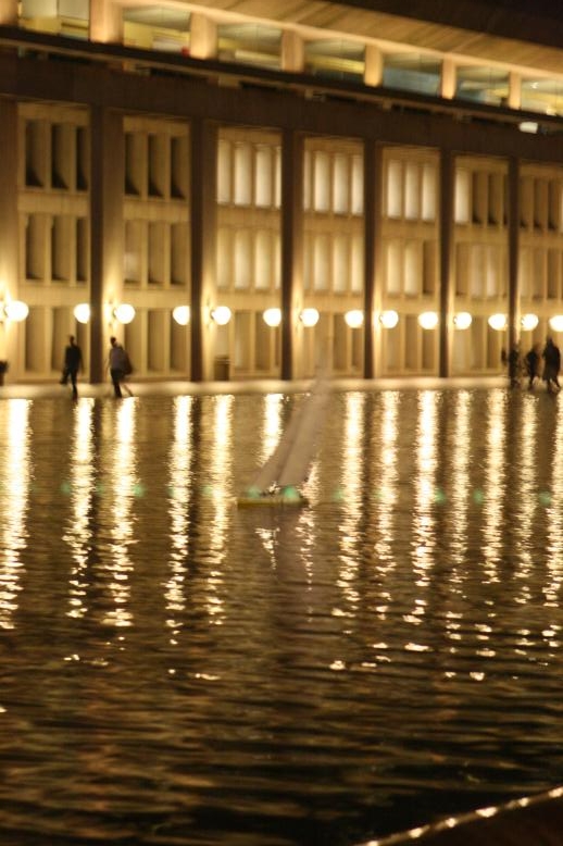 Another shot of sail boat in reflecting pool.