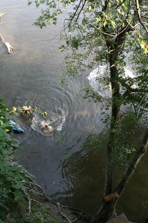 Young adults on a Conneticuit River Rope swing, Aug, 2009, North Hampton, MA at the Railtrail bridge.