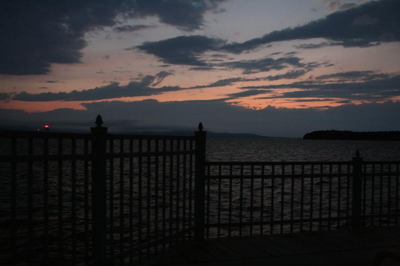 Pier Railings with SpiderWebs, Burlington at night Aug 21, 2009