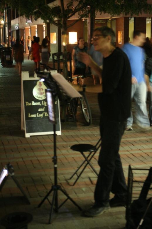 Poet and Poetry Reader Don Nap of Burlington, VT street scene, Friday night Aug 21, 2009.