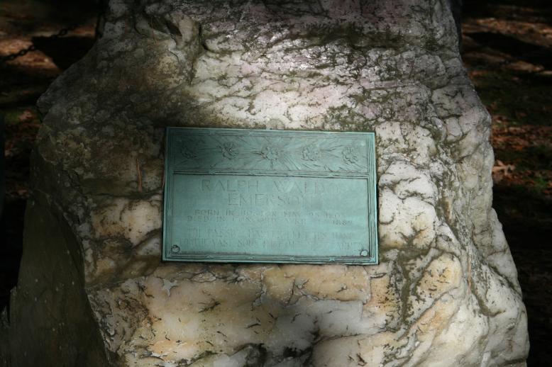 Emerson's grave.  Note that the gravestone is a piece of crystal quartz, Concord, MA.