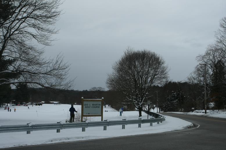 It's news  Cross country skiing at the Leo J. Martin Golf course.  For the blind I guess it is possible to ski here with a guide. (all of these alternate text entrys are partly for the blind), Newton line MA , Jan 3, 2009.