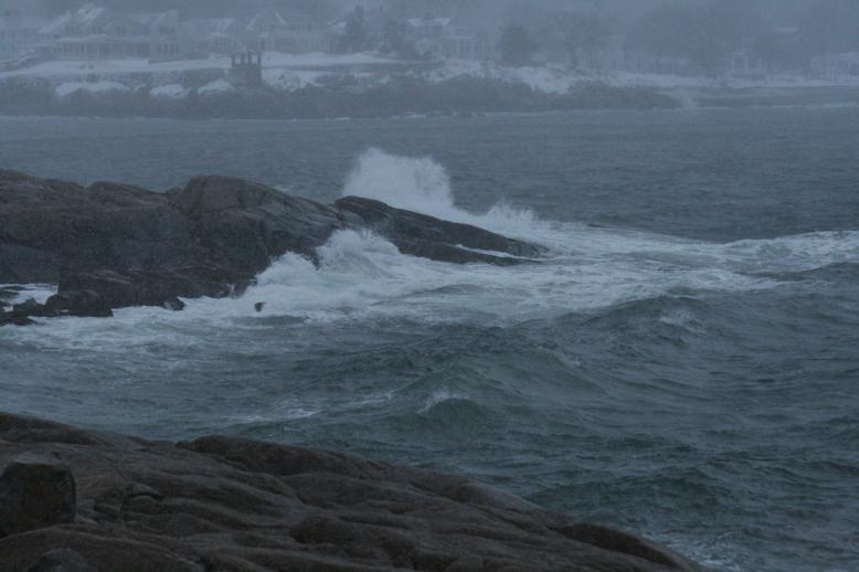 The ocean from Bears Neck in Rockport, MA  Jan 3, 2009.  Very large waves crash below the bluff in a turbulent ocean.  