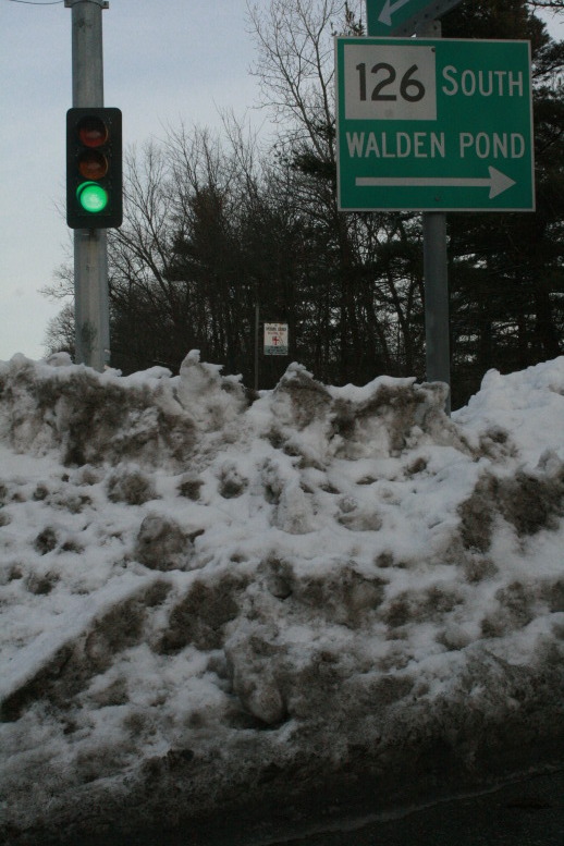 Snowbank, Concord, MA.  Sign for 126 and Waldon Pond.