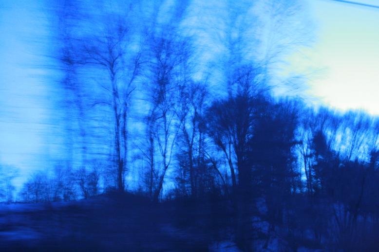 The light of twilight along the highway, with the ISO at 1600, allows for one to take a fleeting photo of the hills off to the side of hte highway.  The ev value is set to minus 2.0 or near there.  Then the picture produced looks like a scene from a gothic film.  The sky has a blue cast, it is surreal.  You see the full shilloutte of an oak tree on a far away hill.  Shilloutted trees abound in this photo, blurred, like you are leaving a halloween party where you drank the kool-aid or the ice-tea and maybe you shouldn't have . . .  